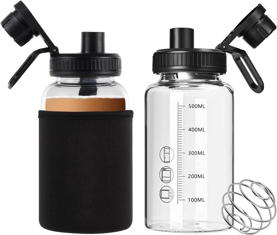 Glass Shaker Bottle,22oz BPA-Free Odorless Shaker Bottle with 304 Stainless Steel Ball and Removable Cleaning Brush for Fitness Protein Mixes(2Pack)
