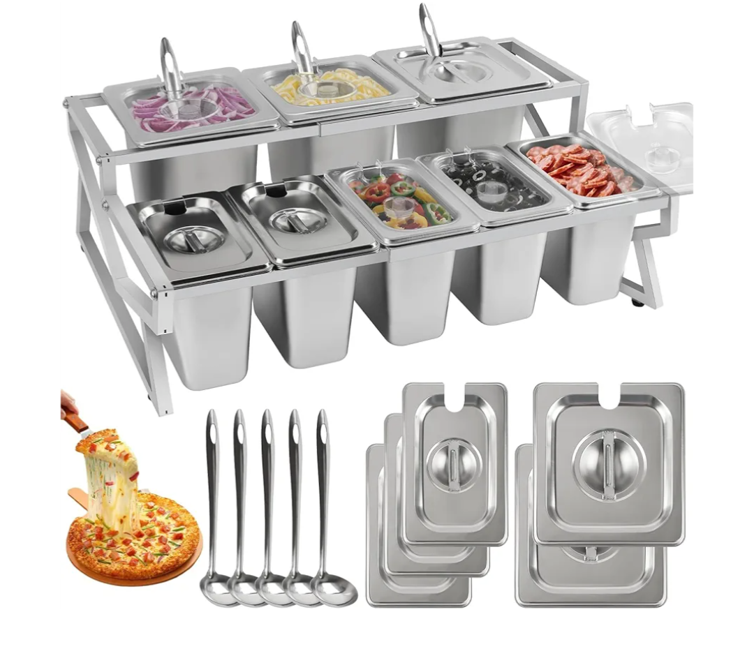 Lanstics Pizza Topping Station 8 Pans Pizza Storage Container Topping containers with Lids Spoon Condiment Organizers Buffet Containers Set for Restaurant Pizza Sauce Jam Fruit Ingredient