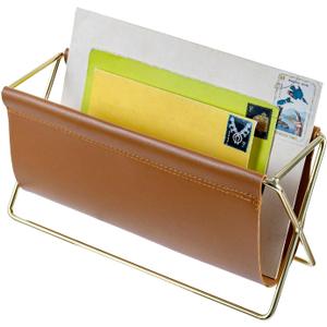 MyGift 10 Inch Mid Century Caramel Leatherette Mail Sorter Letter Holder Rack with Brass Tone Metal Frame, Faux Leather Sling Style Office Desk Card Envelope Organizer Stand
