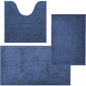 3 Pieces Bathroom Rugs, Non Slip Chenille Toilet Mat, Absorbent Shaggy Bath Mats, Machine Wash Bathroom Mats, Strong PVC Non-Slip Underside, Plush Carpet Mats for Bathroom, Tub, Showerc,Light Blue (16"x24"+20"x32"+U Shape 20"x20")