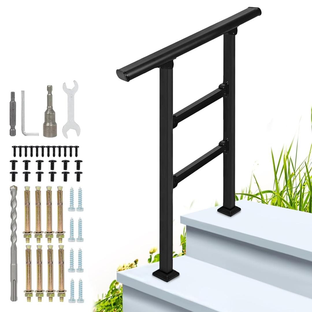 2-Step Outdoor Stair Railing: Black Wrought Iron Handrail for 1 to 2 Steps - Porch Stairs Hand Rail Railings Kit