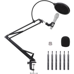 Amazon Basics Adjustable Microphone Stand with Pop Filter, Windscreen for Noise Reduction, Compatible with Blue Yeti, Snowball, Shure, Audio-Technica, 14 inch