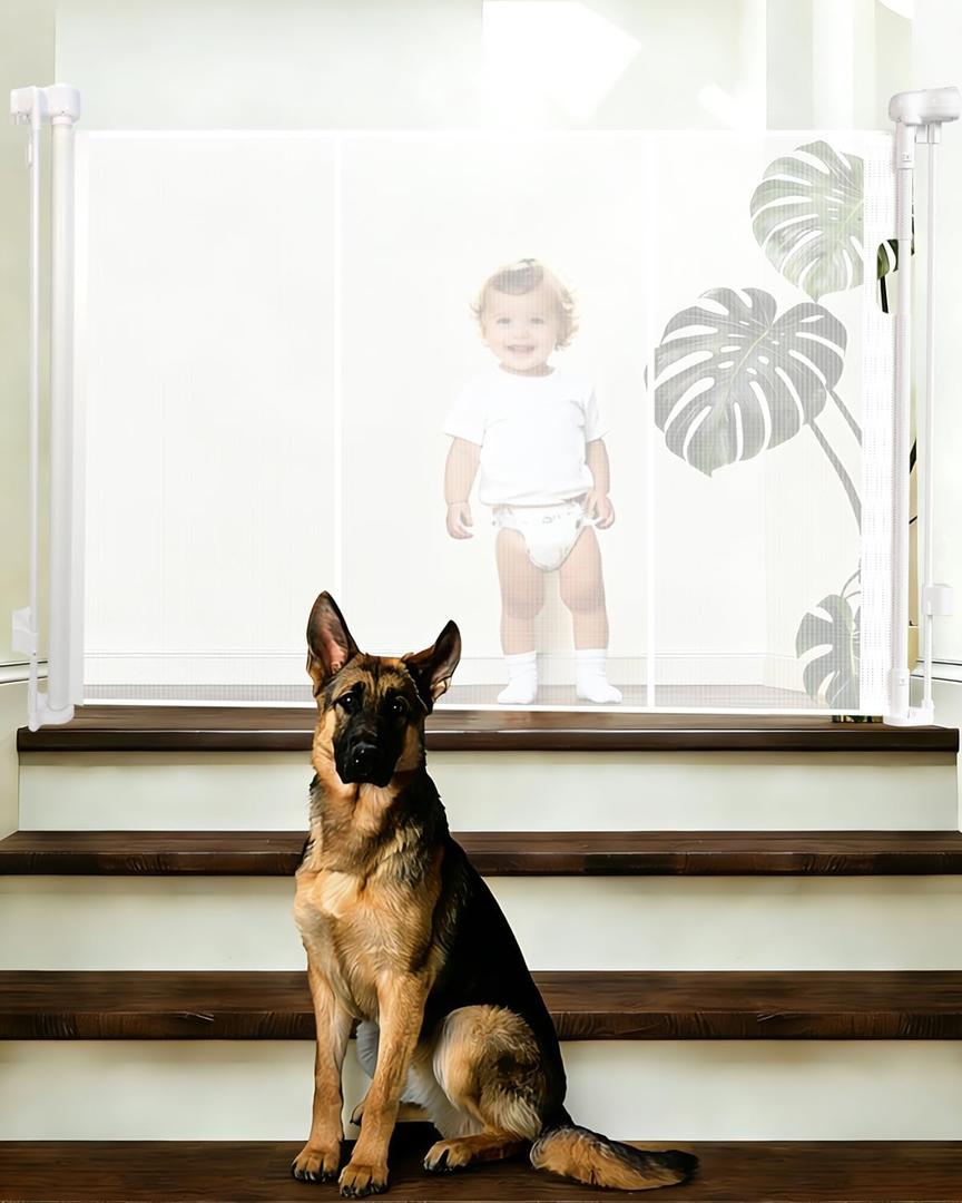 55" Wide Retractable Baby Gate for Stairs, 42" Extra Tall Retractable Dog Pet Gate with Support Rods, Mesh Screen Child Safety Gate for Doorways Hallways Deck Porch, Outdoor Indoor Use