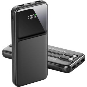 12800mAh Portable Charger with Built in Cables, 22.5W 3A High Speed Charging Travel Essentials, LED Display Slim PowerBank, 4 Outputs 2 Inputs Built-in USB C&Lightning Cables for iPhone iPad Android