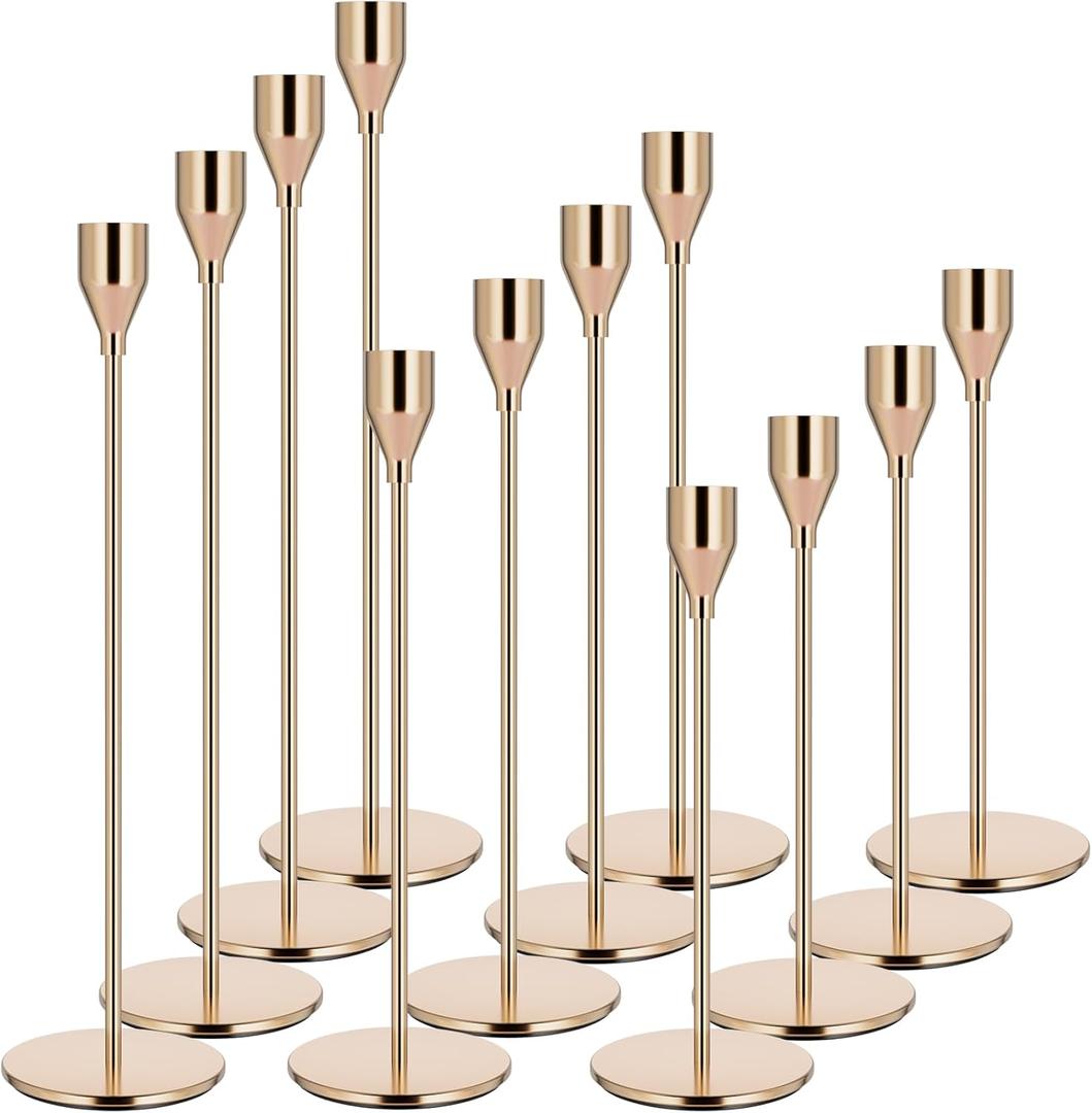 Pink Gold Candle Holders Set of 12 - Candlestick Holders for Taper Candles - Metal Material & Modern Decorative - Fits 3/4 inch Candles for Table Centerpiece, Mantel, Party, Christmas Decoration