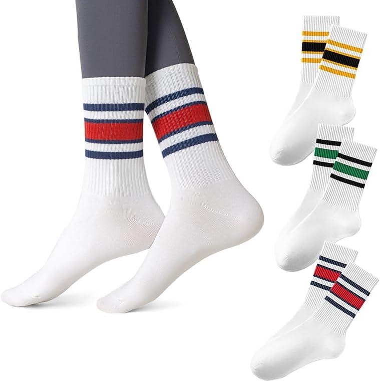 women's men's selected Athletic round neck socks cotton stripe socks 5/10 pairs (White)