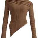 PRETTYGARDEN Women's Spring Long Sleeve Y2K Crop Top Trendy Off Shoulder Asymmetrical Fitted Knit Tee Shirts Going Out Tops (X-Large, Brown)