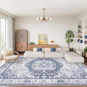 9x12 Area Rugs for Living Room, Machine Washable Non Slip Vintage Rug, Non-Slip Stain Resistant, Large Soft Home Decor Rug for Bedroom Dining Room (Navy/Blue,9'x12')