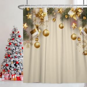 Christmas Shower Curtain for Bathroom 72x72inches Gold Pearls Snowflakes X-mas New Year Decor Shower Curtain Set with Hooks Green Leaves Waterproof Fabric Shower Curtain