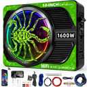 2026 Upgraded 10" 1600W Slim Under Seat Car Subwoofer with Built-in Amp & LED Ambient Lights - Low Profile Bass Sub for Car Audio Individual Controls (LPF/Gain/Bass Boost) High Output Distortion-Free (Green-03-001, Green)