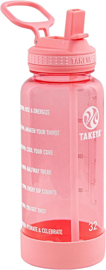 Takeya 32 oz Motivational Water Bottle with Straw Lid with Time Marker, Premium Quality BPA Free Tritan Plastic, Flutter Pink