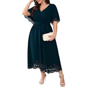 Womens Plus Size Wedding Guest Cocktail Dress Wrap V Neck A-Line Swing Maxi Dresses with Belt XXXL Lake Blue 