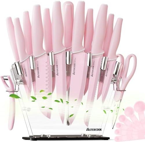 Astercook Kitchen Knife Set with Block and Sharpener 22 Piece German High Carbon Stainless Steel Knives Sharp Blade Dishwasher Safe Knife Set with Anti-slip Ergonomic Handle, Crystal Pink