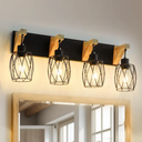 Farmhouse Vanity Light Fixture, 4-Light Wood Bathroom Lighting With Cage Metal Lampshade for Mirror