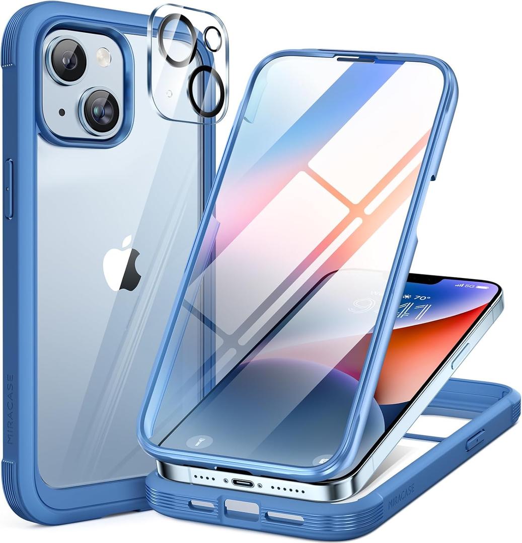 Miracase Glass Series Designed for iPhone 14 Plus Case 6.7 inch, 2023 Upgrade Full-Body Clear Bumper Case with Built-in 9H Tempered Glass Screen Protector and Camera Lens Protector,Blue