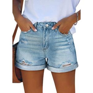 KISSMODA Denim Shorts Women Trendy Button Summer Cut Off Short Womens Jean Shorts High Waisted Denim Hot Ripped Shorts (Medium, A-light Blue)