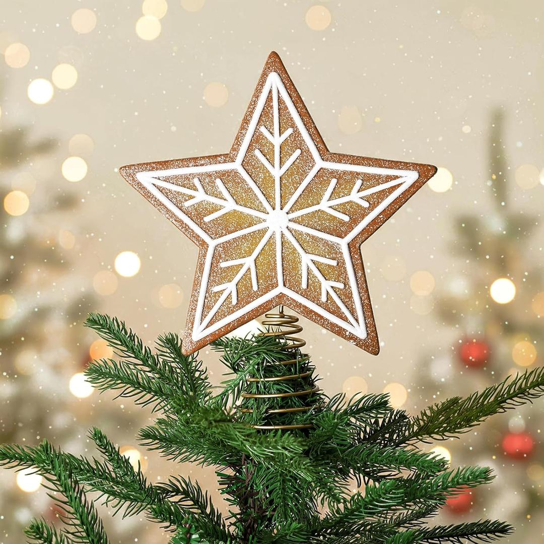 Christmas Decorations: Large Gingerbread Snowflake Star Christmas Tree Topper, Cute Frosty Gingerbread Biscuit Ornament for Xmas Mantel Fireplace Kitchen Home School Office Party Dcor