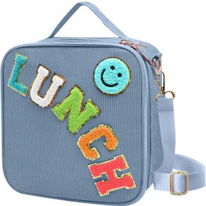 Insulated Lunch Bag With Adjustable Shoulder Strap, Cute Corduroy Preppy Lunch Box Large Insulated Lunch Bag Reusable Lunch Tote Bag with Smiley Preppy LunchBag for Girls School Travel (Blue)