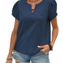 Summer Tunic Tops for Women Blouses Dressy Casual Cute Summer Tops 2025 Trendy V Neck Short Sleeve T Shirts Navy Blue Petal Sleeve Shirts Button-Up Spring Cotton Vacation Fall Tulip Beach M