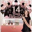14th Birthday Decorations for Girls, 49pcs Black Rose Gold Black Banner, Tablecloth, Butterfly Decor, 14th Birthday Sash and Tiara, Cake Topper, Candles, Balloons Arch