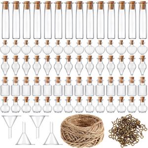 70Pcs Small Glass Bottles with Cork, Clear Tiny Glass Small Glass Bottles with Cork, Sand Art Wishing Vial with Eye Screws Funnel and Rope for Decoration, Art Crafts, DIY Projects( 5 Styles)