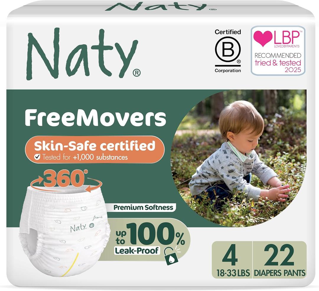 Naty FreeMovers Pull Up Training Pants for Sensitive Skin | Hypoallergenic Potty Training Underwear | Absorbent & Leak-Proof for Toddler | Soft, Unscented| Size 4, 2T3T (1833 lbs), 22 Count