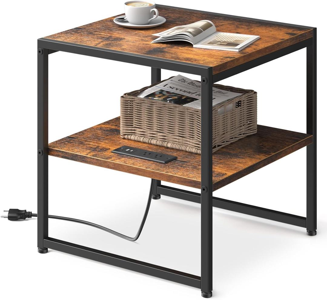 Tatub 20IN End Table with Charging Station, Rustic Brown Square Side Table with USB Ports & Outlets, Versatile Mini Fridge Table Printer Stand Nightstand for Bedroom Living Room, 20 inches x 20 inches x 20.7 inches
