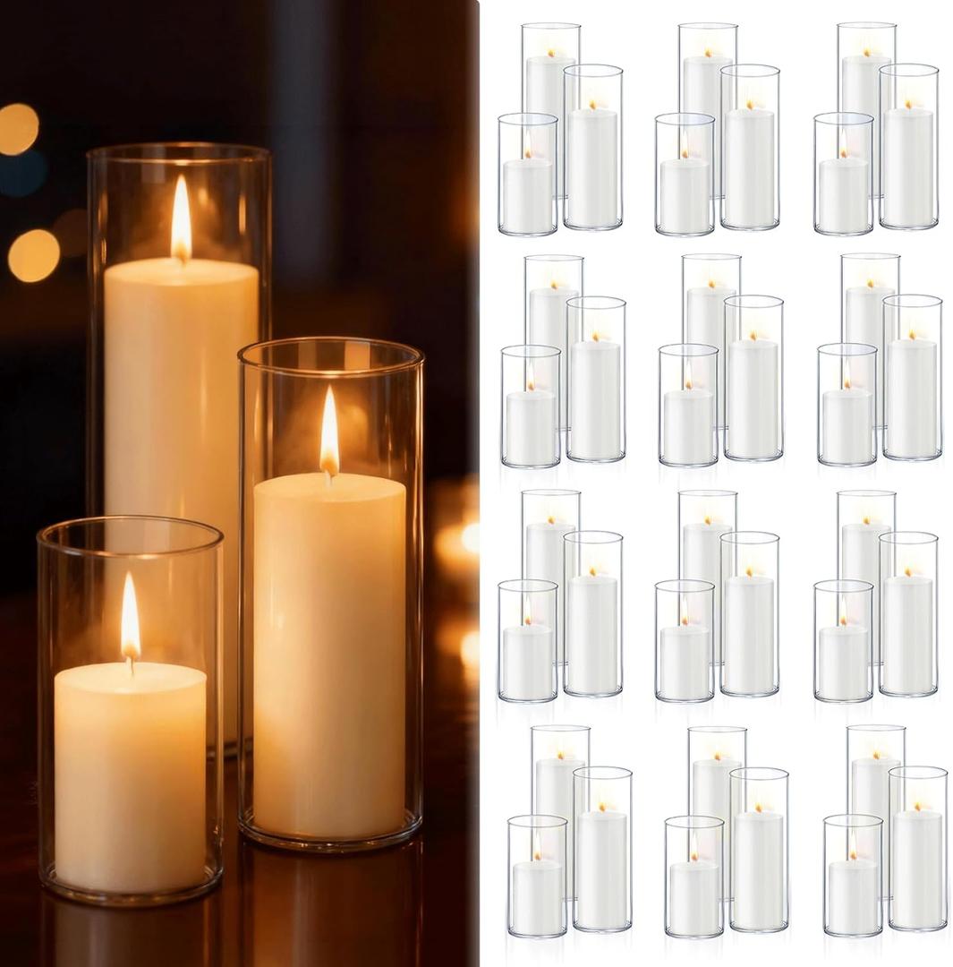 72 PCS White Pillar Candles with Glass Candle Holders Clear Hurricane Candle Holders Glass Cylinder Vases for Centerpieces Wedding Party, Event, Home Office (36 Candles+36 Candle Hoders)