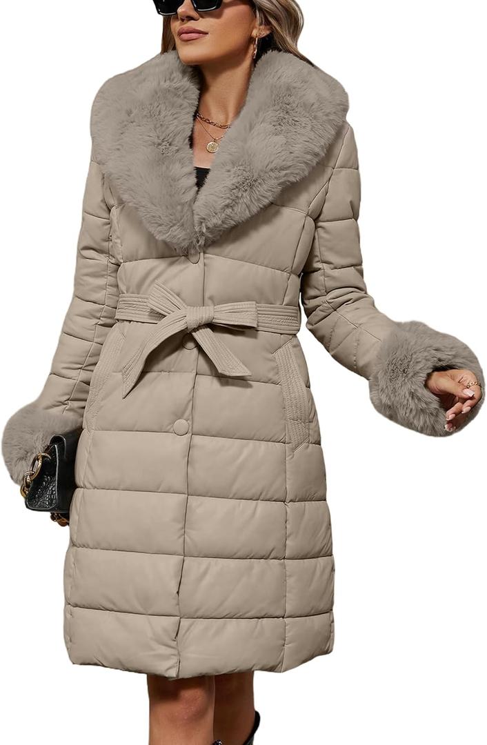 Bellivera Women's Winter Puffer Jacket Cold-Resistant Patchwork Plush Lining Coat with Removable Fur Collar Hooded and Belted (Medium, Beige 13)