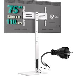 WALI Floor TV Stand with Power Outlet, Tall TV Stand Mount for 32-75 inch TVs up to 110 lbs, Swivel and Height Adjustable TV Stands with Wood Base for Bedroom, Office(TVDVD-7PW), White