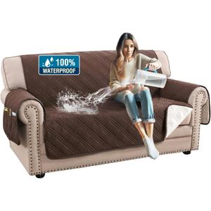 H.VERSAILTEX 100% Waterproof Furniture Covers for Sofa and Loveseat Modern Sofa Covers Waterproof and Washable Thick Soft Couch Cover for Dogs with Elastic Straps (Loveseat, Brown/Beige)