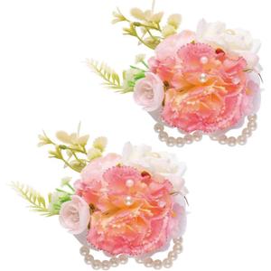 Wrist Corsage and Boutonniere Set, Artificial Rose Corsage Wristlet and Boutonniere for Wedding Prom Party (Carnation,2pcs Wrist Corsage)