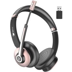 Earbay Bluetooth Headset with Microphone, Wireless Headset with Noise Cancelling Mic, On Ear Headphone with USB Dongle & Mute Button, 26hrs Talk time for PC/Office/Zoom/Skype Rose Gold