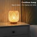 LUSHARBOR Rattan Lamp, Cordless Boho Lamp Battery Operated, Table Lamp with LED Bulb, Handmade Bamboo Beside Lamp Small Rattan Lamp, Decorative Battery Lamp for Kids Room Entryway - Grid