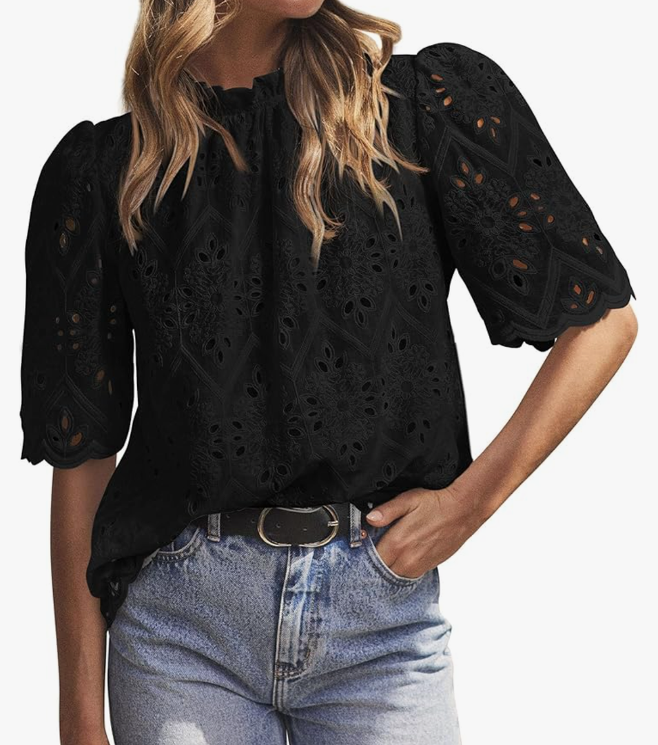 PRETTYGARDEN Womens Summer Tops 2025 Trendy Short Sleeve Eyelet Embroidered Dressy Casual Blouse Shirts Size L