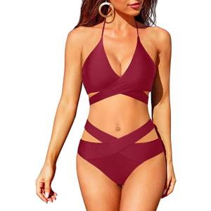 Holipick Two Piece Bikini Sets for Women High Waisted Bikini Push Up Swimsuit Halter Wrap Criss Cross Bathing Suit (Red, XL)