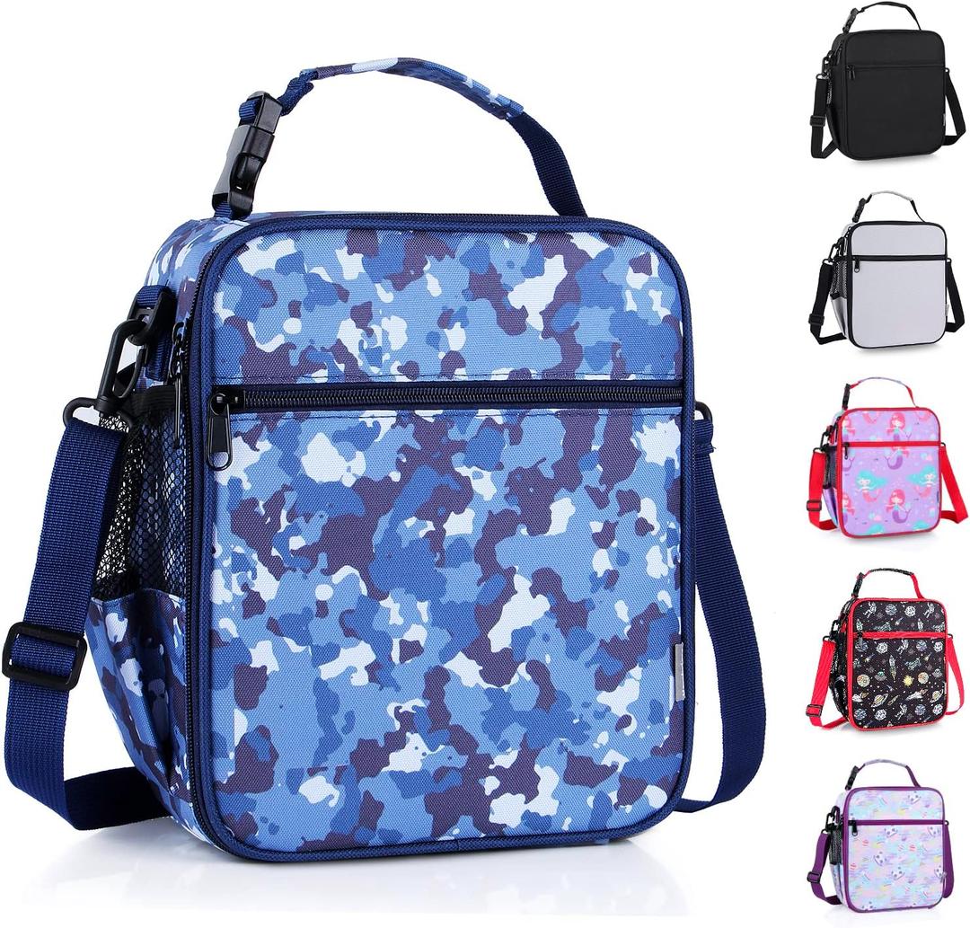 Kids Insulated Lunch Box Bag, Thermal Picnic Cool Bags with Adjustable Strap for Adults Children Women Men Boys Girls School Work (CAM-Blue)