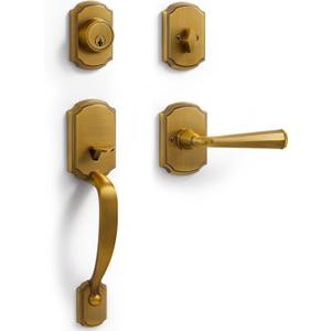 1 Pack Antique Brass Front Door Handle and Deadbolt Set Reversible Lever Entry Handleset with Lock and Key Single Cylinder