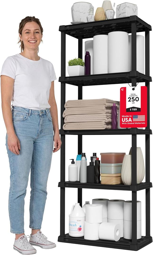 IRIS USA 5-Shelf Light Duty Plastic Storage Shelves, 250lb Capacity, 64" H x 24" W x 12" D, Medium Modular Shelving Unit Storage Organizer for Bathroom, Laundry, Garage & Home, Storage Rack - Black, 5 Tier | 12"D x 24"W x 64"H