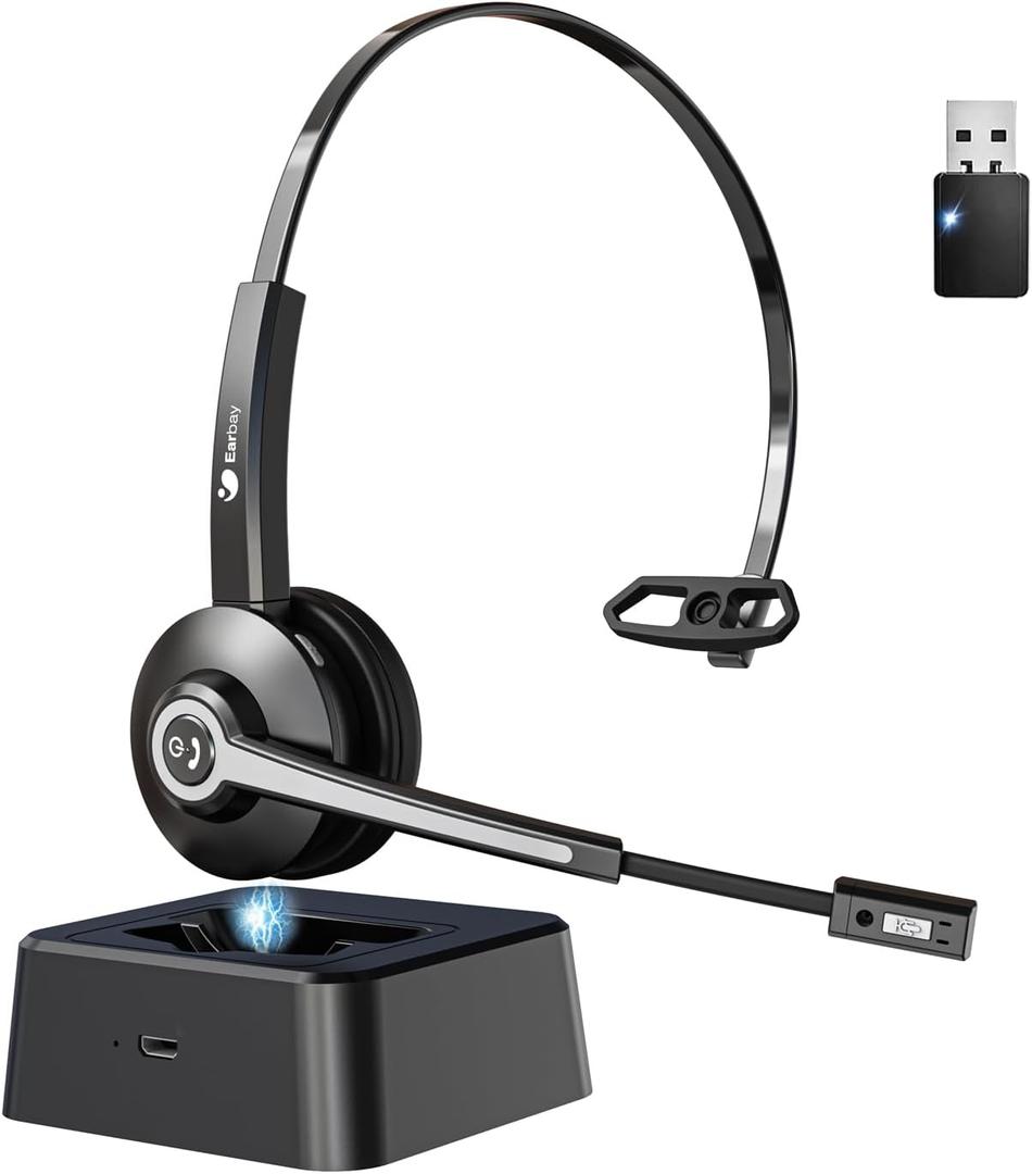 Wireless Headset with Mic for Work, Trucker Bluetooth Headset with Microphone Noise Canceling & USB Dongle, Wireless Headphones with Mic Mute & Charging Base for Work/ PC Computer/ Phones/ Office/ Meeting