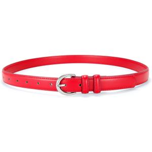 SANSTHS Women Leather Belt for Jeans Pants Fashion Ladies Skinny Belt for Dresses Thin Belt with Single Prong Buckle (Red)