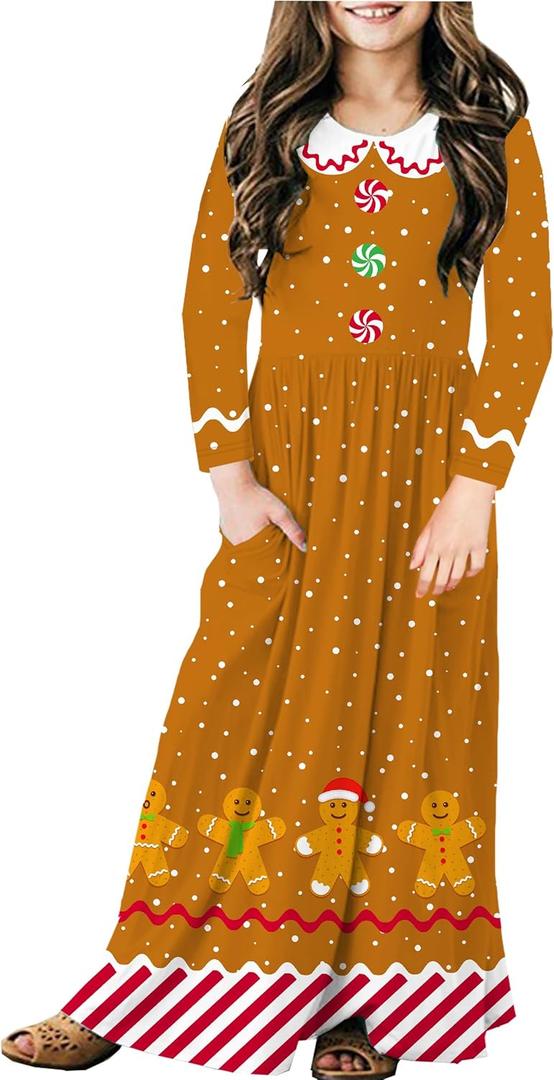 Deerose Girls Maxi Dress Casual Holiday Long Dresses with Pockets 5-14 Years (11-12 Years, C | Gingerbread Brown)