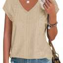 Imily Bela Womens V Neck T-Shirt Summer Cap Sleeve Dressy Casual Tops Eyelet Embroidered Fashion Tees (S)