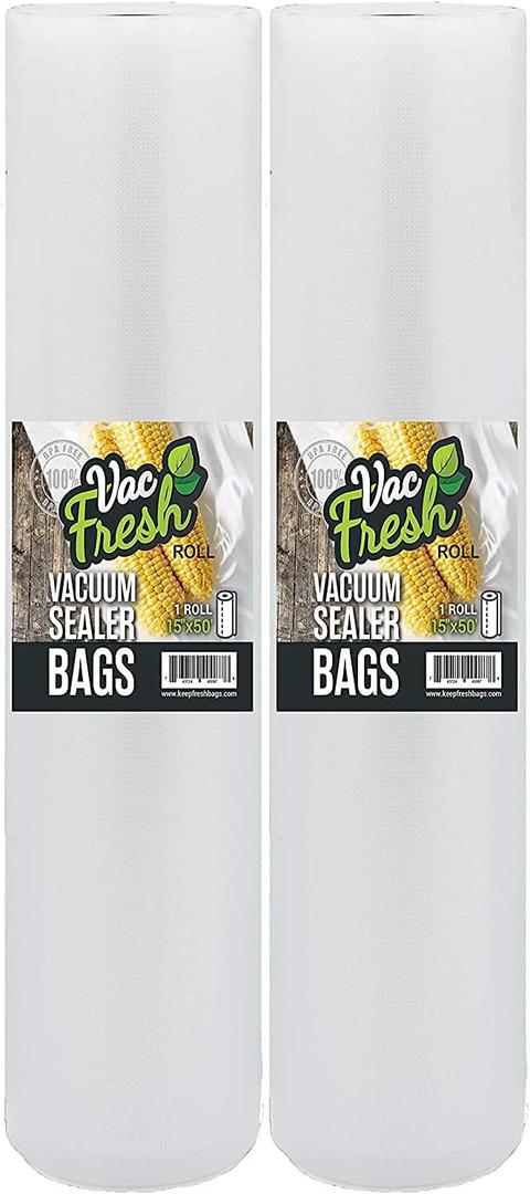 Vac Fresh 15x50 Vacuum Sealer Rolls, Large Vacuum Seal Bags 3.5 mil Thick, 15 inches Wide x 50 Feet Long, Vacuum Seal Bags Roll for Food Storing, Meal Prep, Sous Vide Cooking, Bulk Storage, 2 Rolls