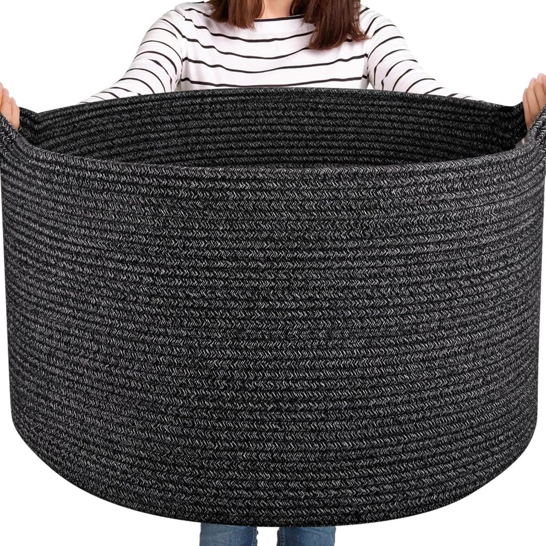 Large Woven Baskets for Storage, 22.8" x 22.8" x 13" Blanket Storage Living Room, Baby Toy Basket for Clothes, Pillows, Towels, Shoe Basket for Entryway (Black), Pack Of 2 
