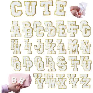 Y.TAO 52PCS White Chenille Letter Patches with Gold Trim - Varsity Style Self Adhesive Appliques for Jackets, Hats, Denim, Backpacks, DIY Fabric Stickers