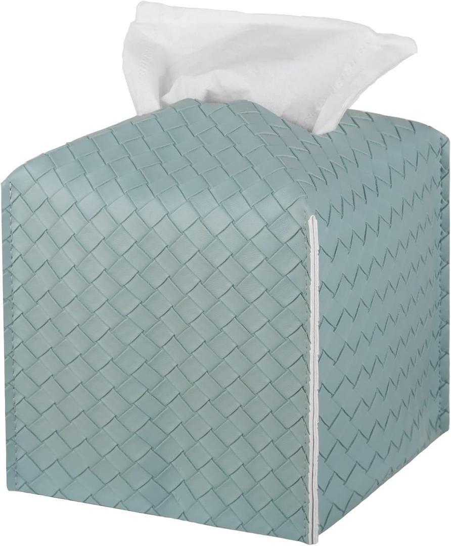 Tissue Box Cover PU Leather Tissue Holder Square Facial Tissue Case Facial Paper Organizer Dispenser for Bathroom, Vanity Countertop, Tabletop, Car, PowderBlue