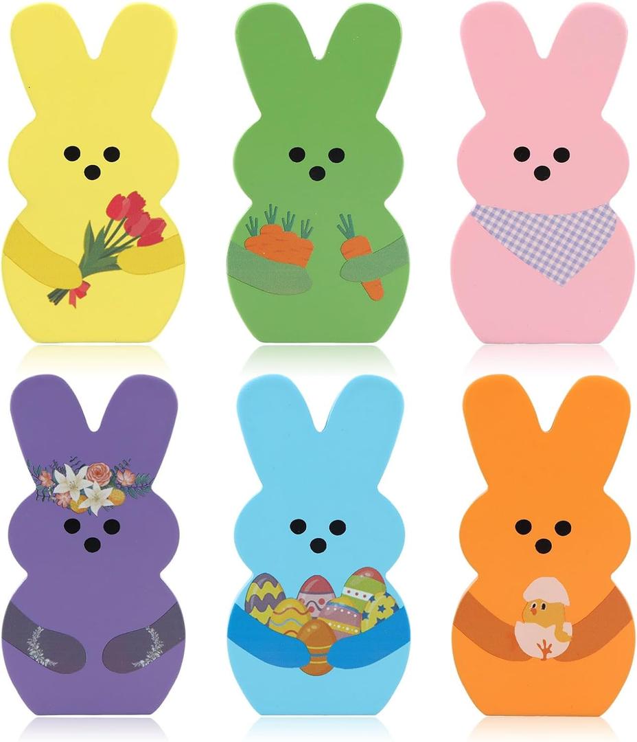 6 PCS Wooden Bunny Sign Decor - Easter & Spring Farmhouse Home Decor for Mantel, Shelf, Table, Centerpiece & Tiered Tray