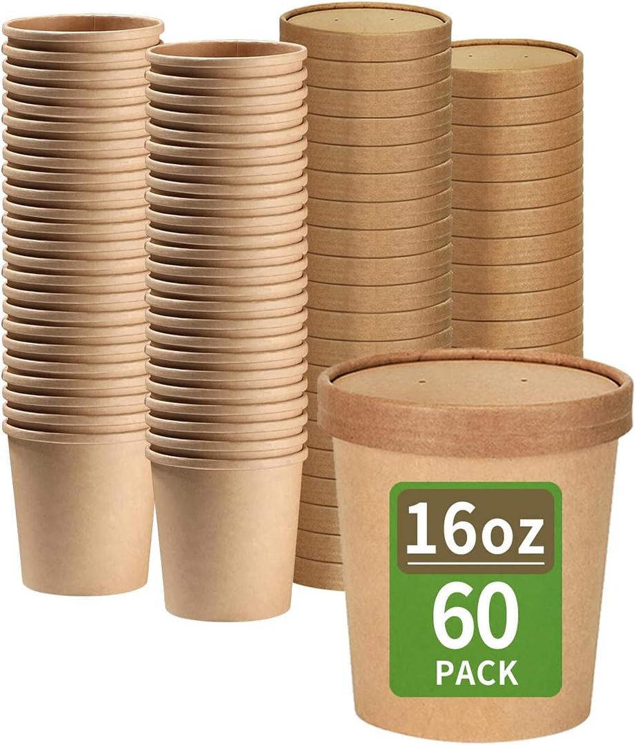bloomoon 60 Pack 16 oz Paper Food Containers with Lids, Ice Cream Pint Containers, Microwavable Paper Soup Container, Freezer Safe Pint Ice Cream Cups (60 Cups 60 Lids)