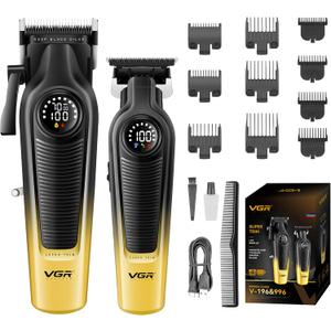 VGR Hair Clippers for Men & Hair Trimmer Set, Cordless Barber Combo with LED Display, Ceramic & Titanium Blades, 7000RPM, Type-C Rechargeable, Home & Professional Hair Cutting Kit, V-196 & 996(Gold)